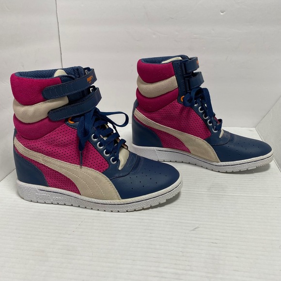 Puma Sky Hidden Wedge High Top Sneakers Pink Navy Women 8 Streetwear Color Block - Picture 2 of 12